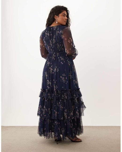 Lace & Beads Plus Blue Tulle Sheer Balloon Sleeve Tie Waist Tiered Maxi Dress
