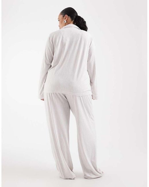 Loungeable White Curve Super Soft Jersey Camp Collar Top And Pants Pajama Set