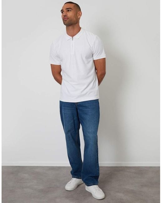 Threadbare White Textured Cotton Quarter Zip Polo Shirt for men