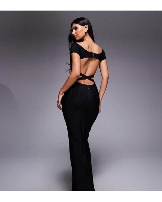 Kaiia Black Exclusive Premium Sculpting Bandage Bodycon Bardot Maxi Dress