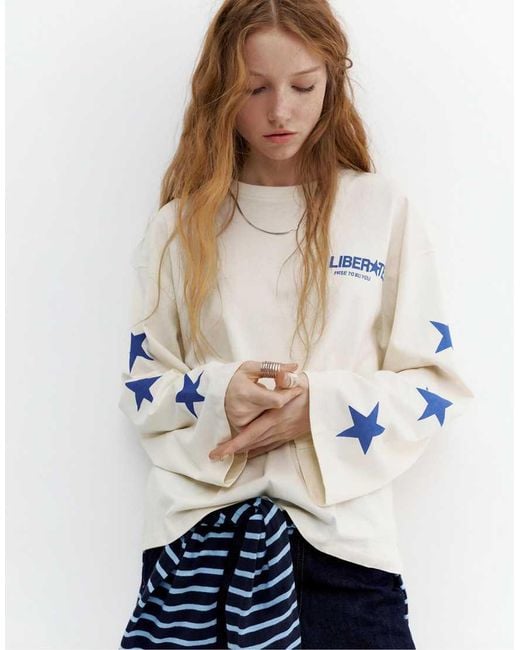 Pull&Bear White Long Sleeve T-shirt With Star Graphic