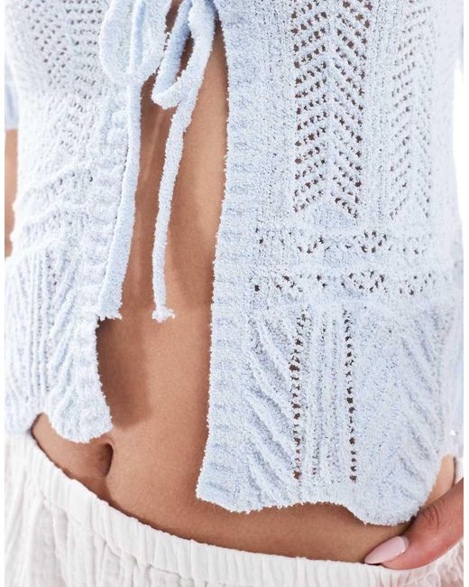 Monki Blue Short Sleeve Crochet Tie Front Knit Top