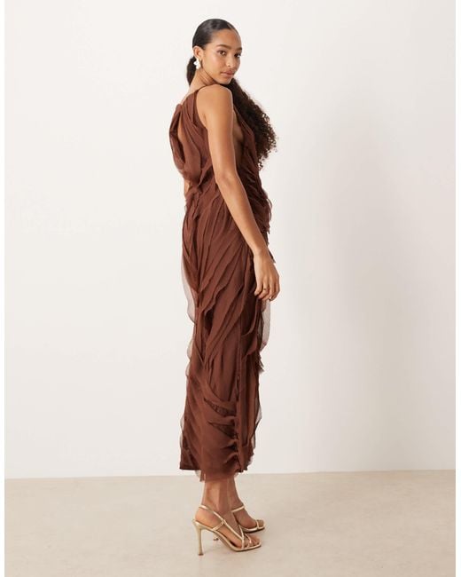 ASOS Brown High Neck Raw Edge Ruffle Maxi Dress With Lace Inserts