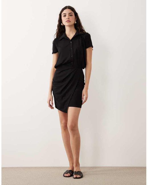 ASOS Black Short Sleeve Shirt Detail With Wrap Skirt Mini Dress