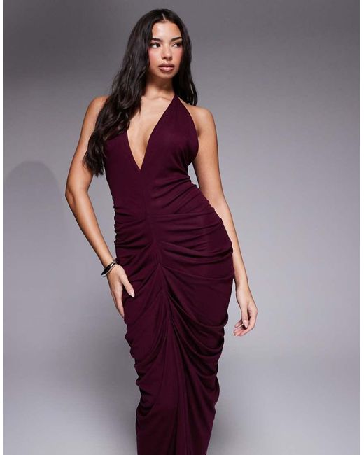 I.AM.GIA Purple Sashi Deep Plunge Neck Low Back Ruched Detail Maxi Dress
