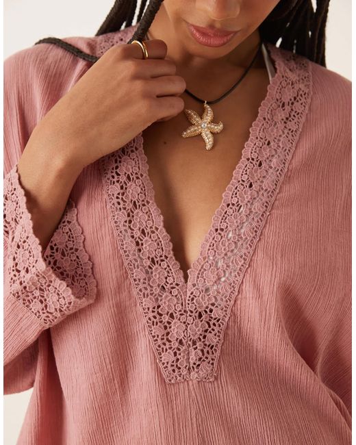 ASOS Pink Crinkle Plunge Eyelet Beach Dress
