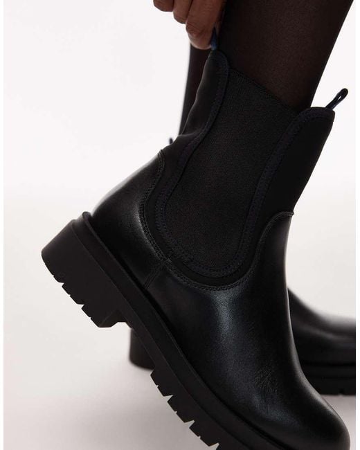 & Other Stories Black Leather High Ankle Boots With Elasticated Sides And Pull Tab Cuffs