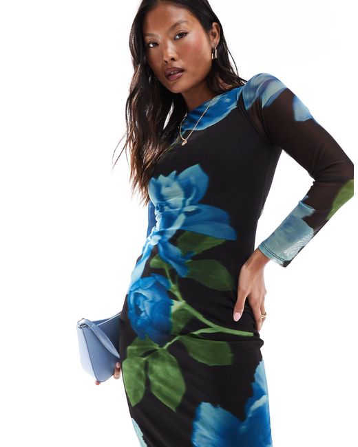 ASOS Blue Asos Design Petite Floral Mesh Maxi Dress With Angel Sleeves