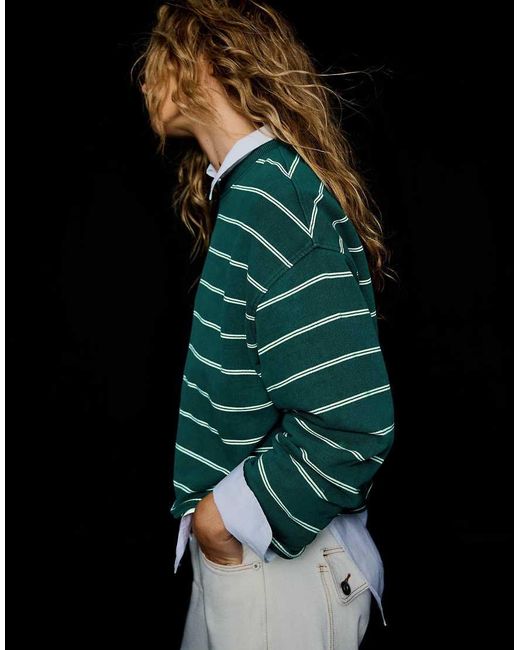 Bershka Green Striped Round Neck Sweatshirt