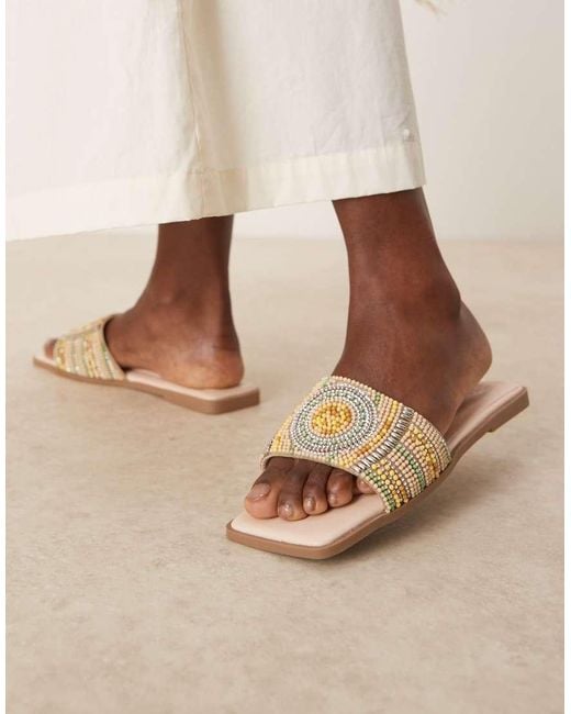 ASOS Natural Fig Square Toe Flat Mule Sandals With Beads