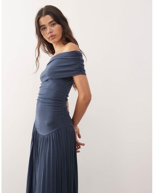 Lioness Field Of Dreams Foldover Bardot Ruched Drop Waist Pleated Maxi Dress  in Blue | Lyst Australia