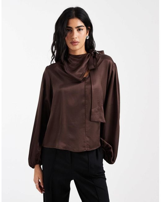 ASOS Satin Tie Neck Blouse in Brown | Lyst