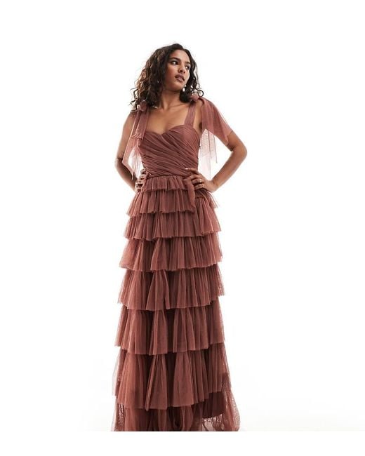 LACE & BEADS Red Bow Shoulder Ruffle Maxi Dress