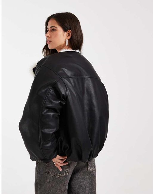 ASOS Black Leather Look Bomber Jacket With Cream Faux Fur Waterfall Colar