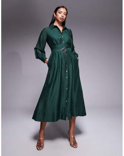 Forever New Green Seam Detail Belted Shirt Midi Dress