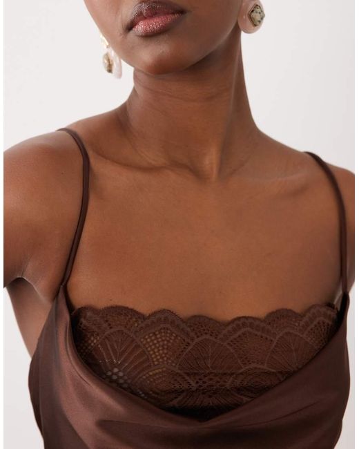 Vila Brown Lace Insert Cowl Neck Satin Cami Maxi Dress