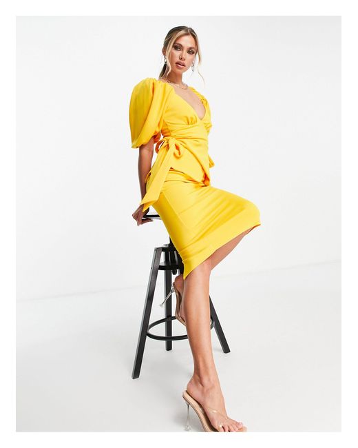 ASOS Metallic Tie Side Sweetheart Puff Sleeve Pencil Midi Dress
