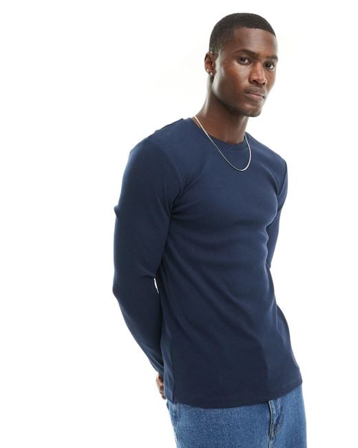 ASOS Blue Muscle Fit Long Sleeve Rib T-shirt for men
