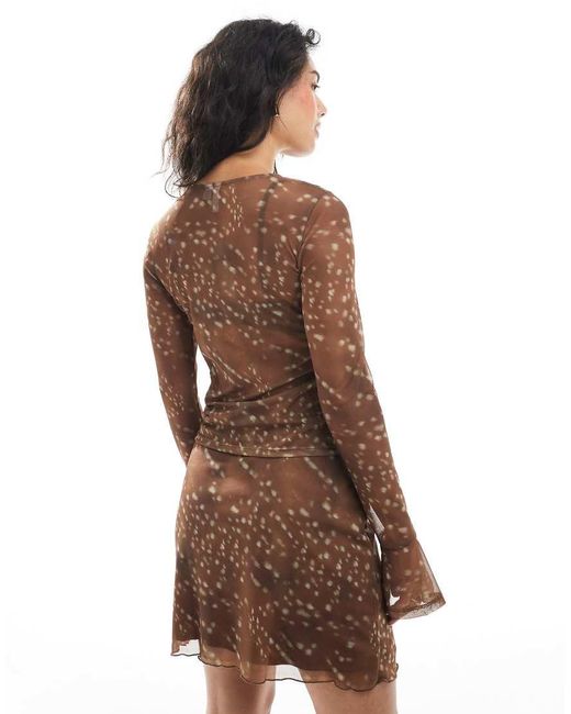 Pieces Brown Flare Sleeve Print Mesh Top Co-ord