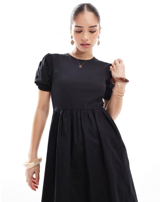 Threadbare Black – kurzärmliges midikleid aus jersey-popeline-mix