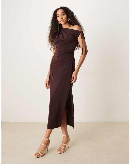 ASOS Natural Fallen Shoulder Tie Detail Slinky Midi Dress