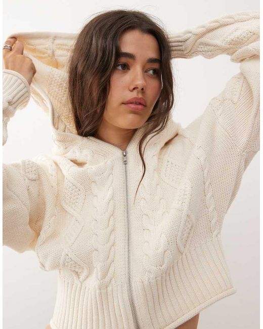Monki White Cable Knit Hooded Cardigan With Double Zip Detail