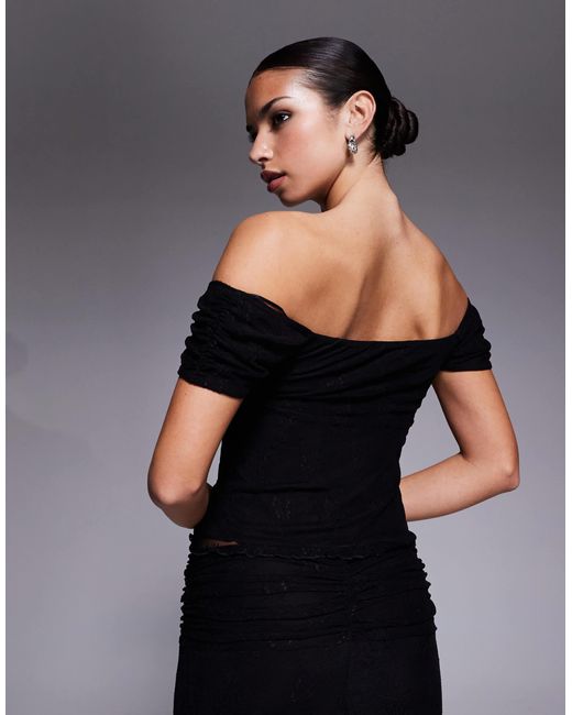 Fashionkilla Black Exclusive Floral Lace Mesh Overlay Sweetheart Neckline Off Shoulder Floaty Hem Top Co-ord