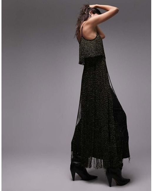 TOPSHOP Black Metallic Fringe Maxi Dress