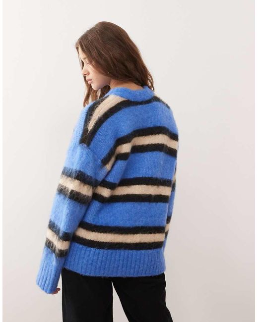 Monki Blue Oversized Fluffy Stripe Jumper