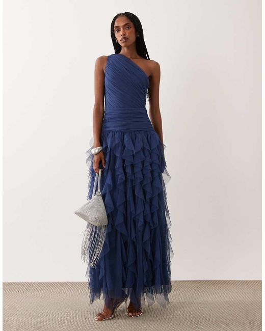 LACE & BEADS Blue Bridesmaid One Shoulder Waterfall Ruffle Maxi Dress
