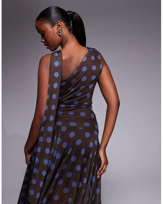 Kaiia Gray Exclusive Double Layered Slinky Mesh One Shoulder Scarf Detail Cowl Neck Top Co-Ord