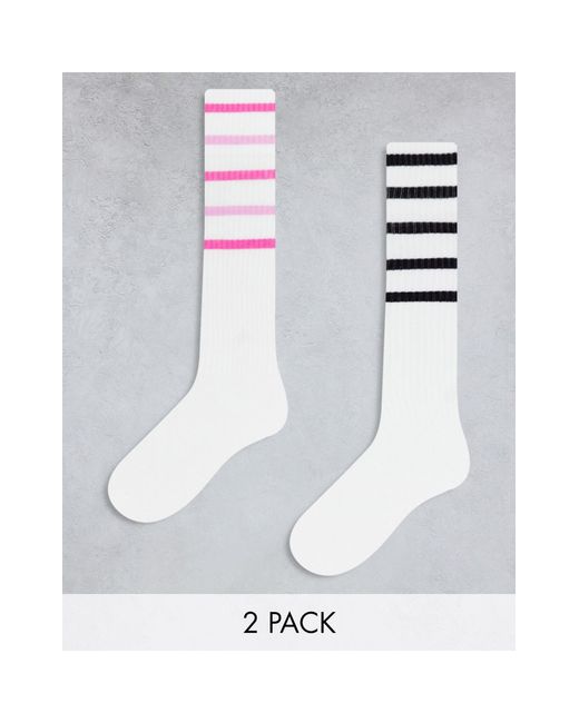 Monki White 2 Pack Knee High Socks With Stripes