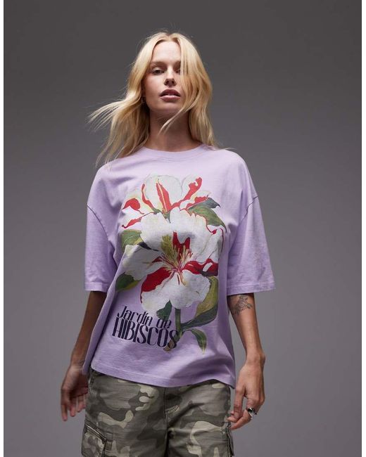 Camiseta Extragrande Con Estampado Gráfico De Flor De Hibisco De -Morado TOPSHOP de color Gray