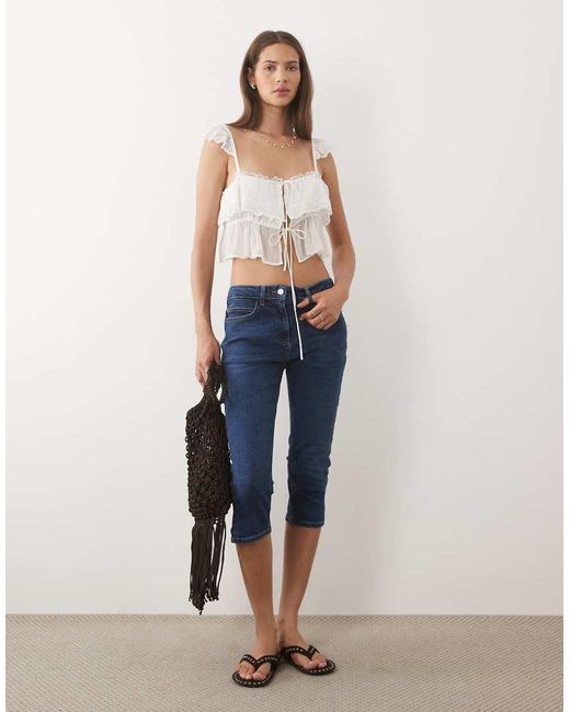 Miss Selfridge White Chiffon Lace Trim Tie Front Cami