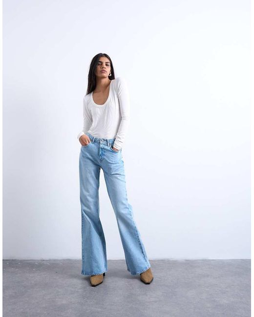 TOPSHOP Premium Geribbelde Top Met Lange Mouwen En Wijde Lage Ronde Hals in het White