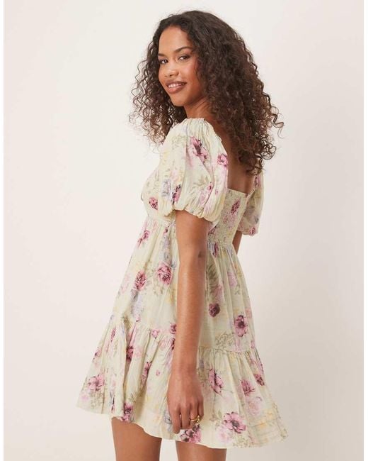 Gina Tricot Natural Puff Sleeve Tie Front Mini Dress