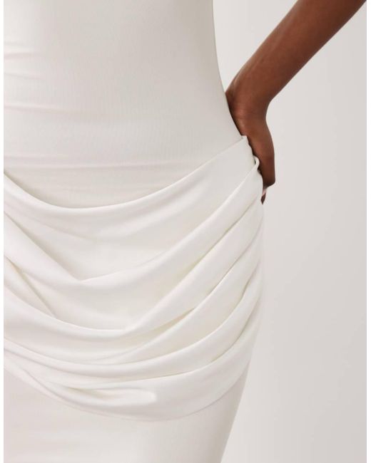 Wanderdoll White Eman Sleeveless Slash Neck Draped Waist Detail Bodycon Satin Maxi Dress