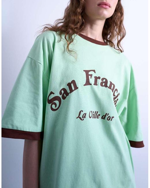 TOPSHOP Green Graphic San Francisco Oversized Tee