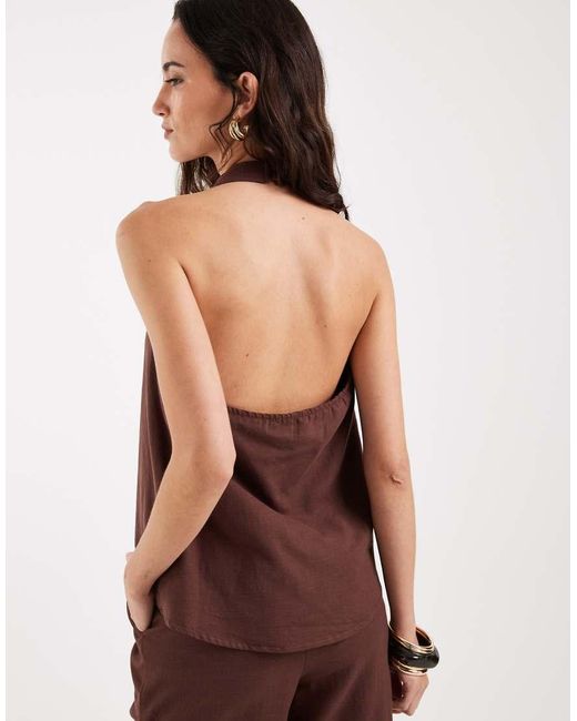 4th & Reckless Brown Linen Feel Halterneck V Neck Floaty Top
