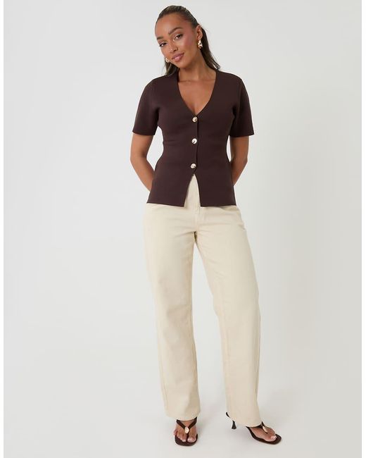 Threadbare Brown V-Neck Compact Knitted Top