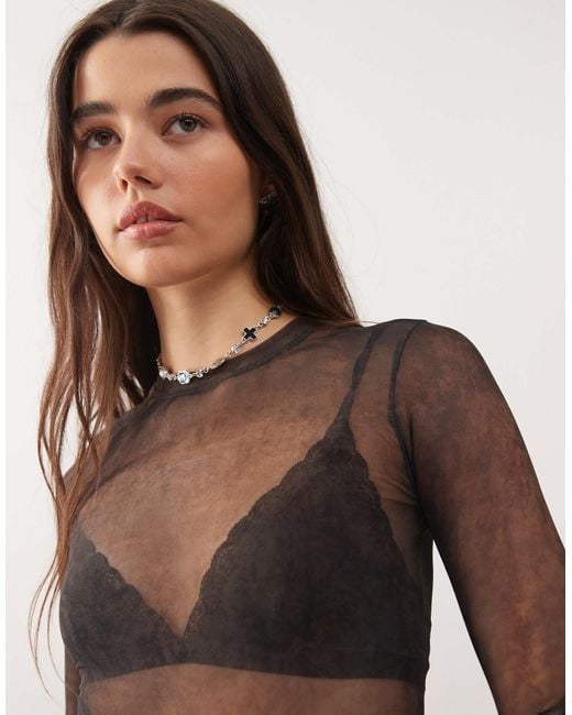 Weekday Brown Mesh Long Sleeve Top With With Faded Effect Print