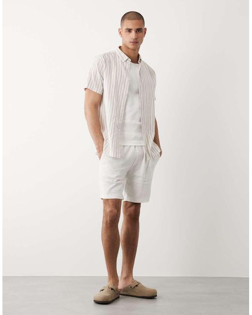 Threadbare White Linen Mix Drawstring Waist Shorts for men