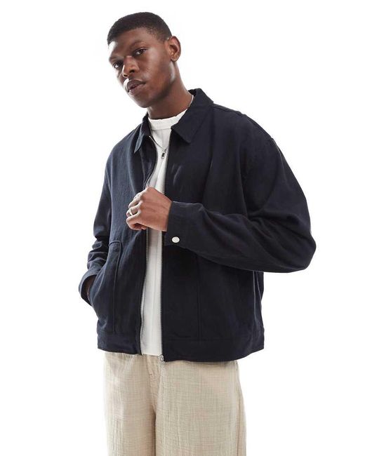 ASOS Premium Linen Blend Boxy Harrington Jacket in Blue for Men