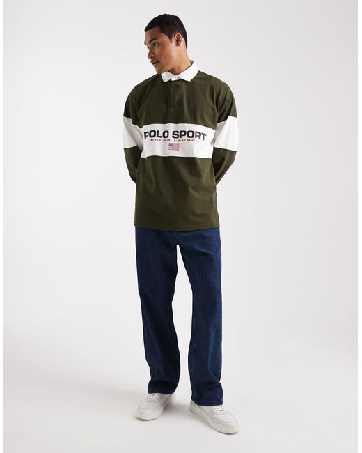 Polo Ralph Lauren Green Sport Chest Panel Flag Logo Oversized Fit Rugby Polo for men