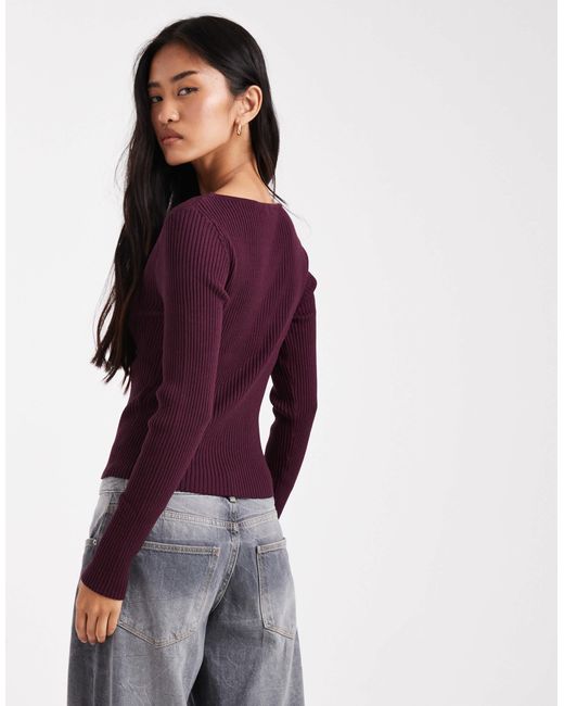 Miss Selfridge Red Rib Knit Slash Neck Long Sleeve Top
