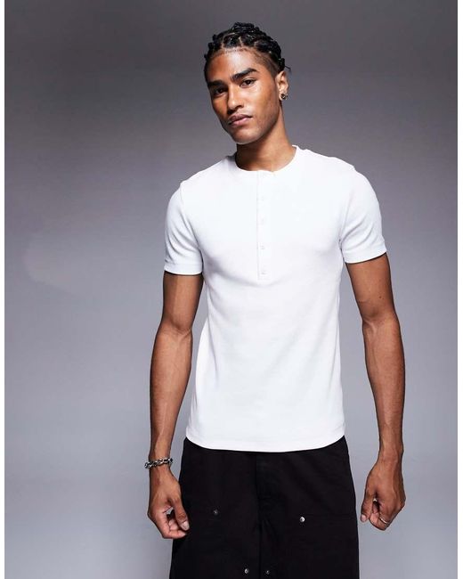 ASOS White Muscle Fit T-shirt With Henley Neck for men