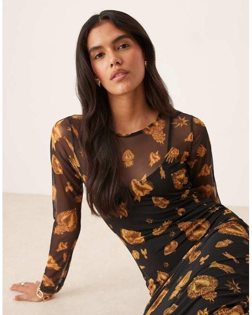Never Fully Dressed Natural Long Sleeve Mesh Maxi Dress
