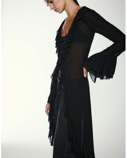 Pull&Bear Black Long Ruffle Kimono