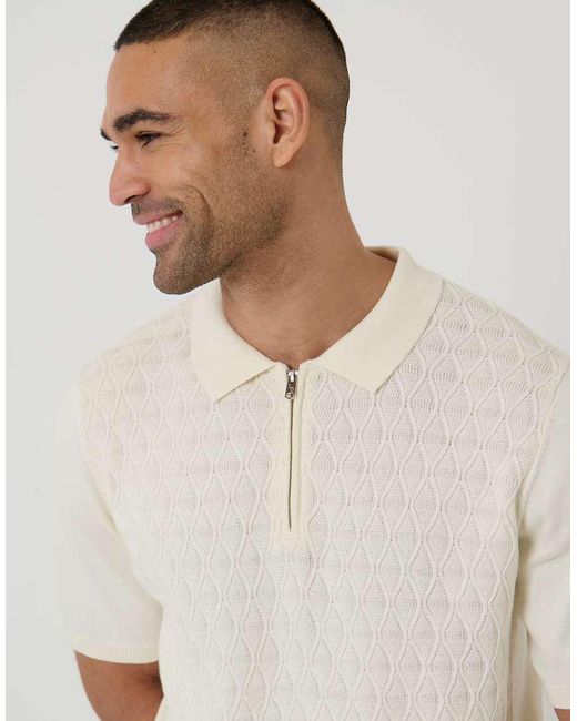 Threadbare White Diamond Cable Knit Quarter Zip Polo for men