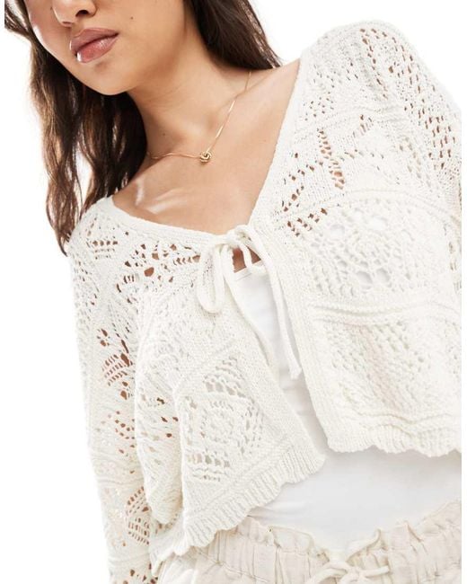 ONLY White Tie Front Crochet Cardigan
